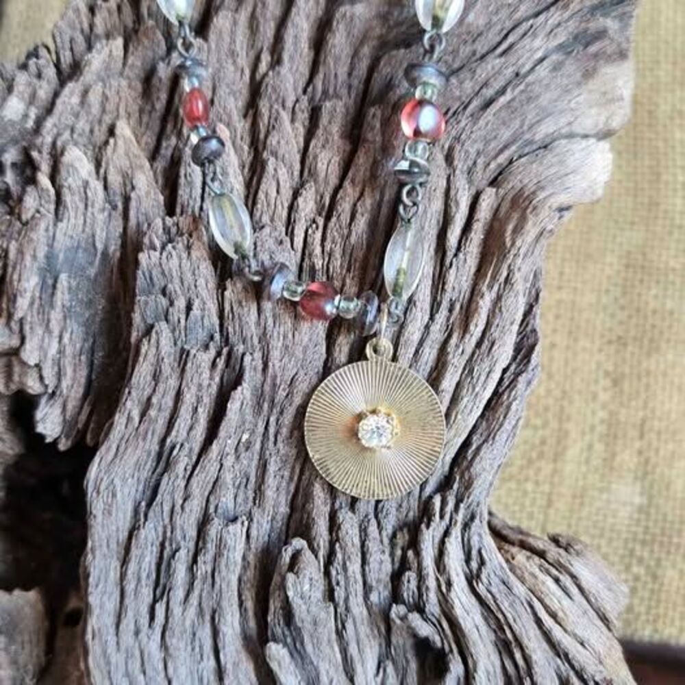 Vintage Gold Tone Long Beaded Necklace with Rhinestone Medallion Necklace